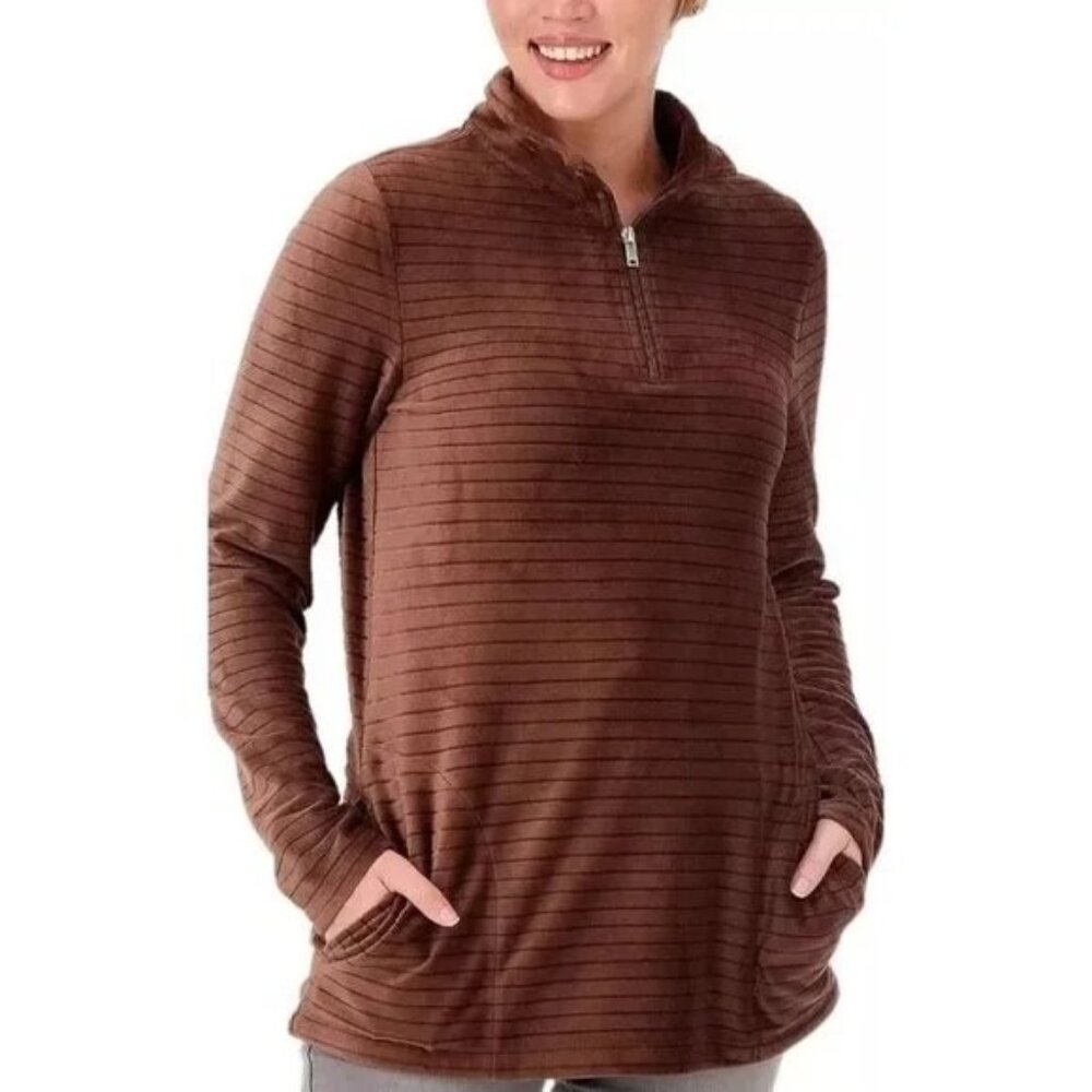 Denim and Co Comfort Zone Textured Velour Half-Zip Pullover Womens XS Coffee NEW